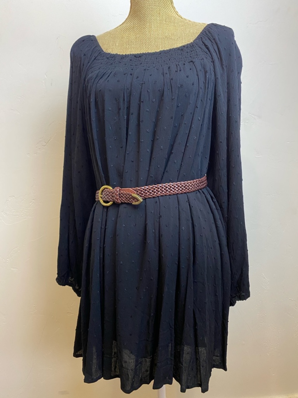 Black Ruched and Elastic Neck for Off Shoulder Polka Dot Long-Sleeve Dress Flowy